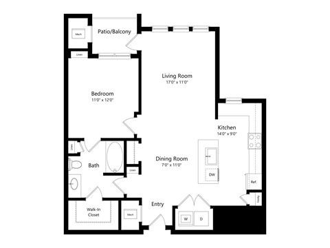 Floor plan for 1 bed, 1 bath, 867 sqft